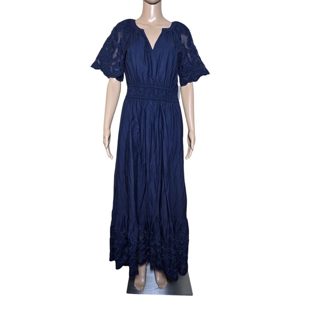 NWT ON- 34th Womens Navy Blue Cotton Eyelet Lace Trim Maxi Summer Dress Sz S